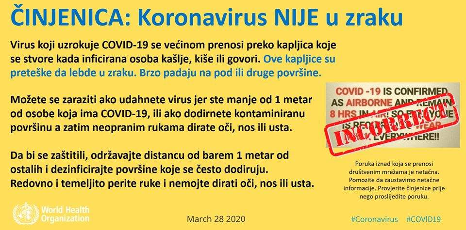 Ured WHO za BiH: Vjerujte činjenicama a ne glasinama, koronavirus nije u zraku