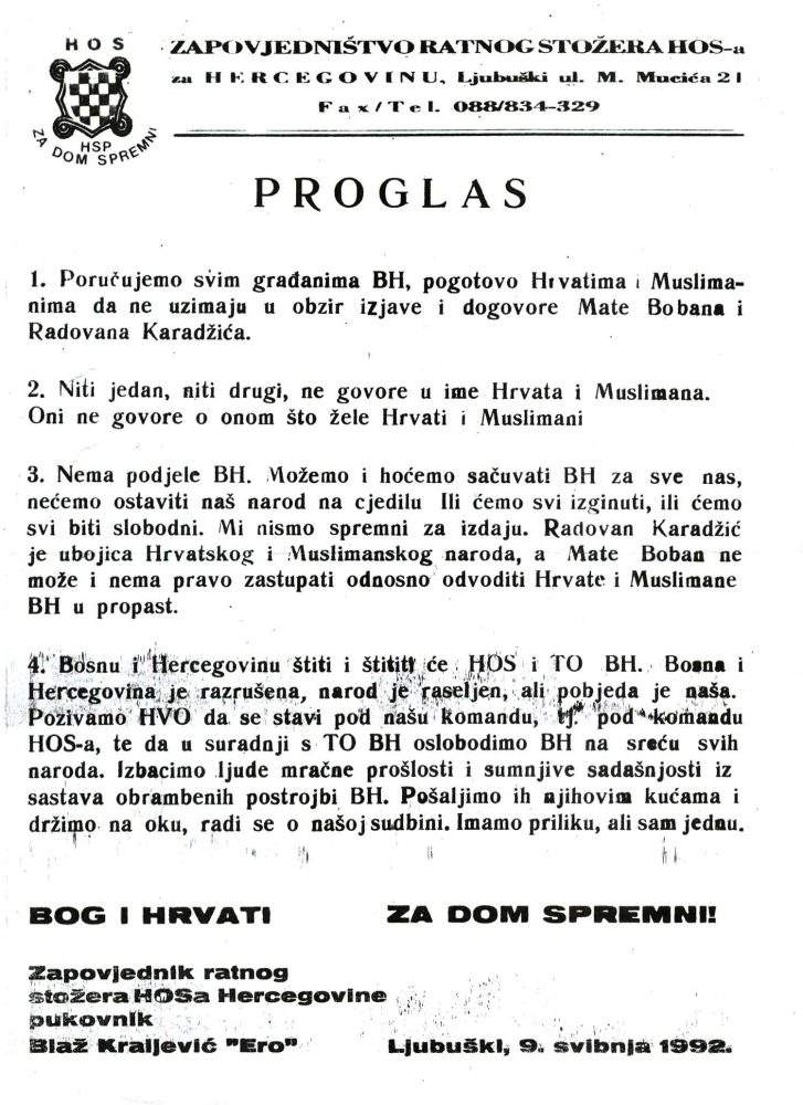 PROGLASHOS.jpg - 25. godina od čuvenog Proglasa Blaža Kraljevića: Mi nismo spremni na izdaju; nema podjele, sačuvat ćemo BiH