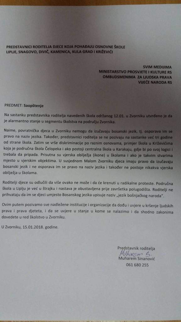 saopstenje-roditelji-576x1024.jpg - Zbog ukidanja bosanskog jezika |Roditelji bošnjačke djece u Zvorniku najavili radikalne proteste
