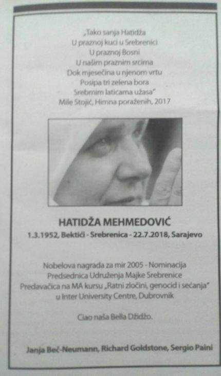 Citulja_Hatidza_Beograd.jpg - U Beogradu objavljena čitulja posvećena Hatidži Mehmedović: Ciao, na&scaron;a Bella Điđa